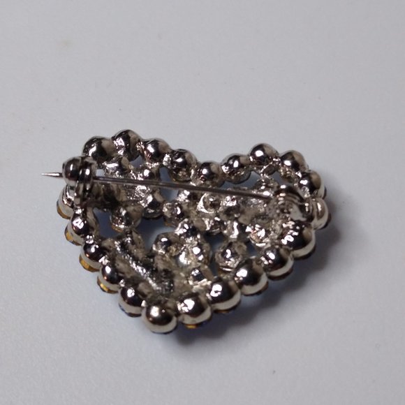 Blue Glass And Metal Heart With Flowers Brooch - Picture 10 of 14